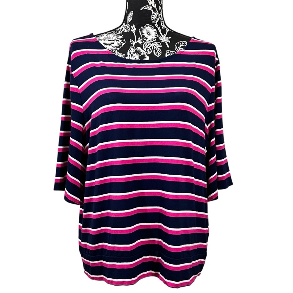 Chico's Navy and‎ Pink Striped Short Sleeve Top